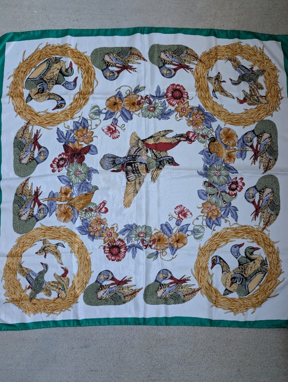 Silk Scarf Duck Bird Hunting Colorful Floral Print Scarf